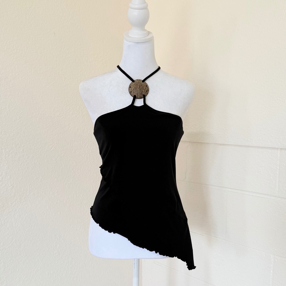 Moda International Halter Top Womens Small Black Asymmetrical Y2K Fairycore